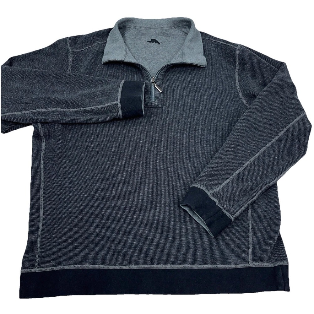 Tommy Bahama Sweater Men XL Gray Black‎ Sweatshirt Quarter Zip Reversible Adult